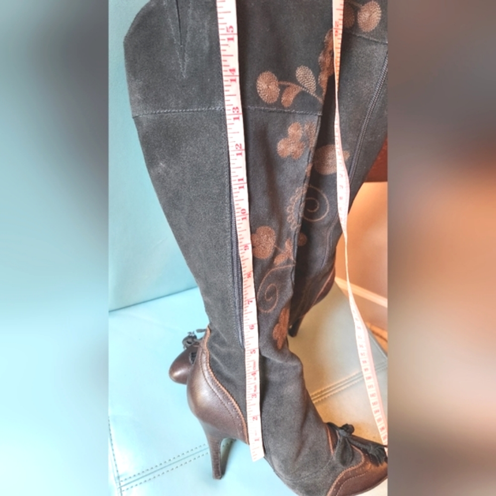 SAM EDELMAN Victorian Embroidery Suede Leather Zip BOW Ties Knee Boots 8.5 EUC - Picture 13 of 16